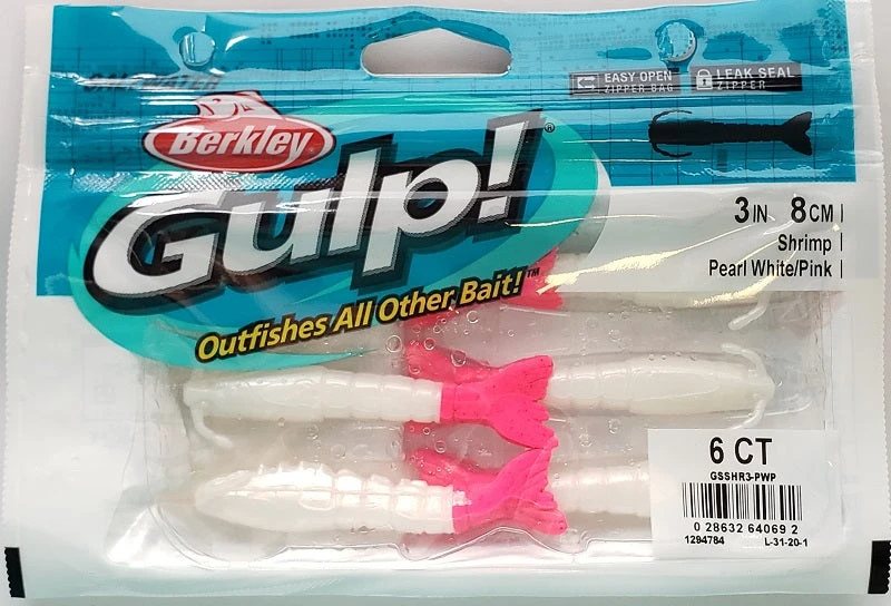 Berkley Gulp! Shrimp Pearl White/Pink 3" 6pk Lures & Bait 4 Berkley Gulp! Shrimp Pearl White/Pink 3" 6pk Lures & Bait